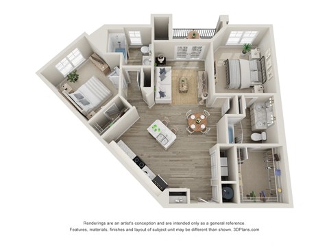 A 3D floor plan of a house with a kitchen, living room, and two bedrooms.
